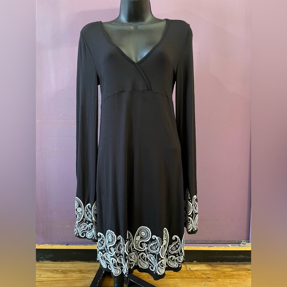 Black dress with white paisley trim